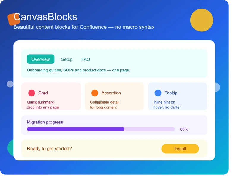 CanvasBlocks — beautiful content blocks for Confluence, with no macro syntax CanvasBlocks — beautiful content blocks for Confluence, with no macro syntax